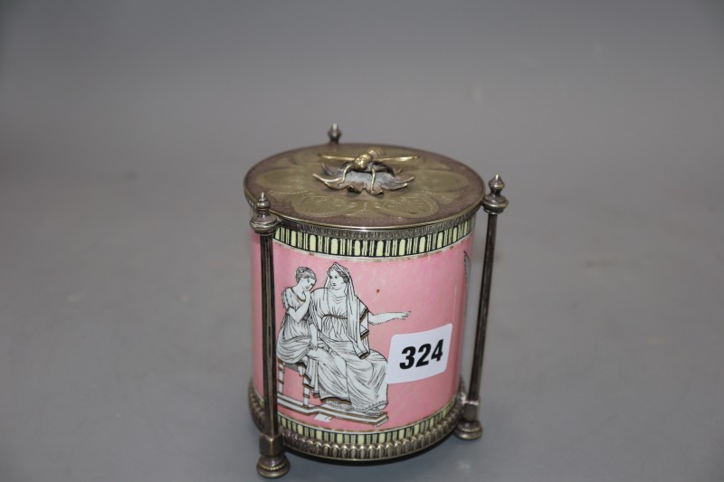 A Staffordshire pottery preserve pot, raised in a plated stand, the lid with a bee finial, height 13cm